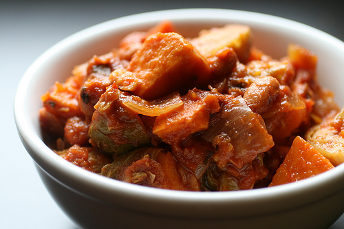 Hearty sweet potatoes are the perfect partner to bitter Brussels sprouts in this unusual chili recipe.