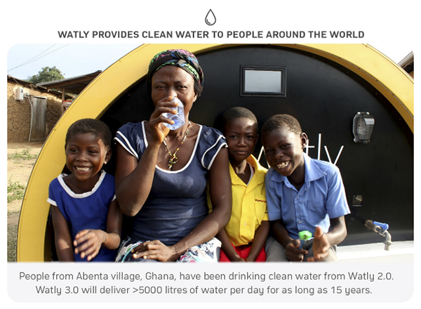 Watly is designed to solve three major infrastructure needs — access to clean water, electricity to run electronic devices and internet connectivity.